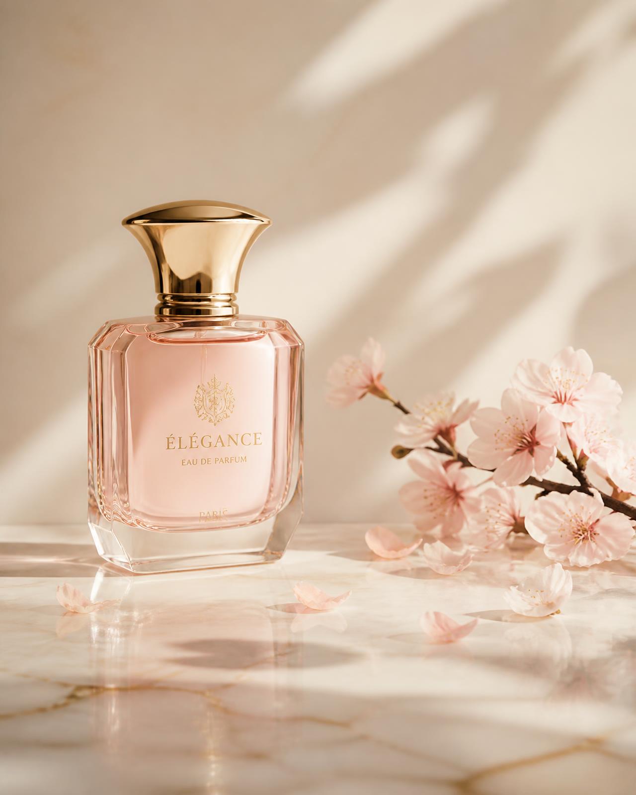 Pink glass perfume bottle with a gold cap on cream marble beside blossoms